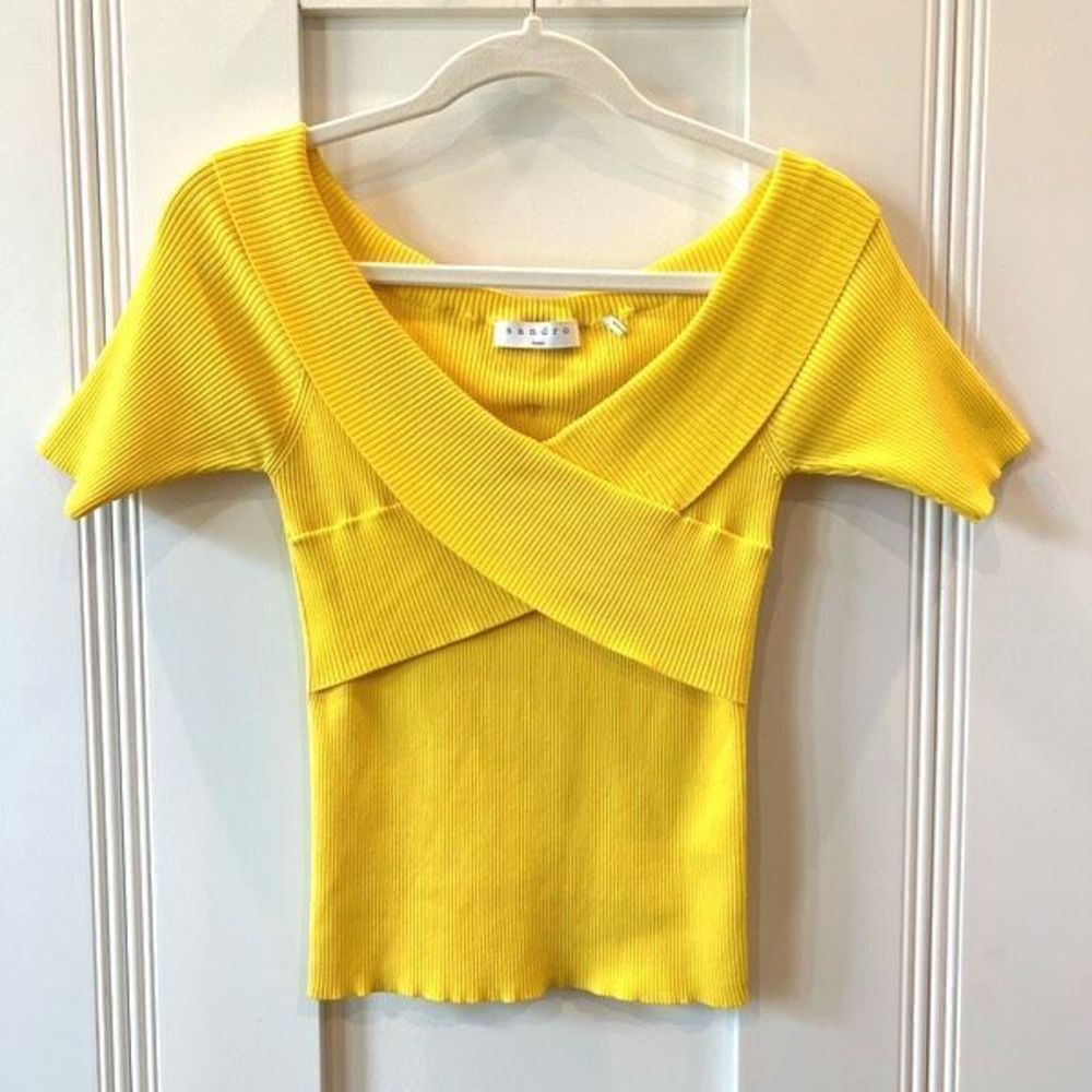 Sandro Galina Off The Shoulder Ribbed Knit Top Shirt Blouse Yellow Women’s 2 - Picture 2 of 11